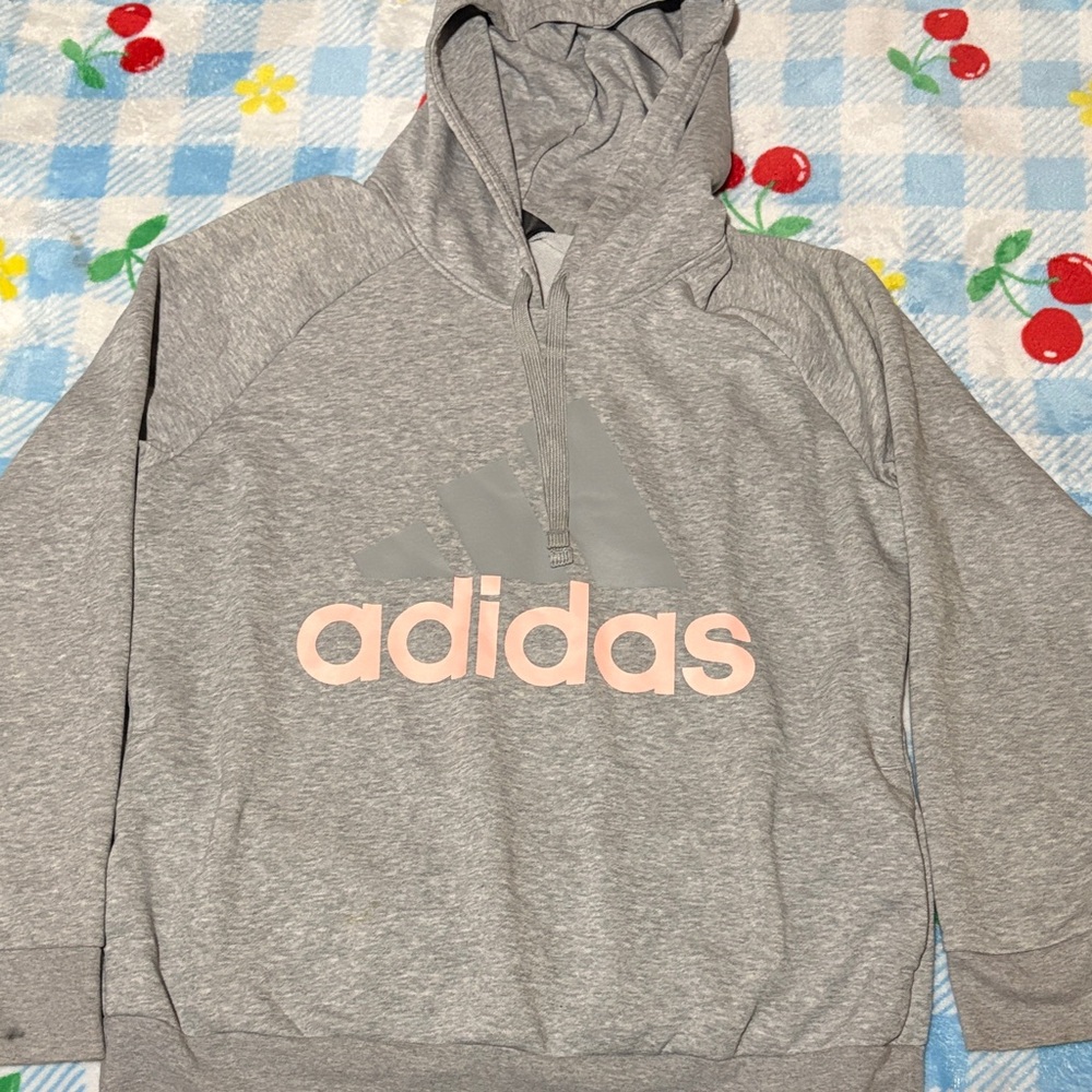 Adidas Heather Gray Hoodie with Soft Pink Logo